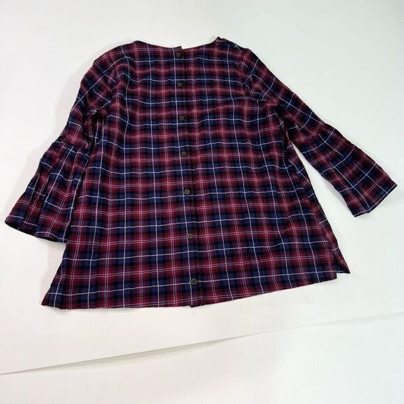 The Nines by Hatch Blouse Womens Medium Blue & Red Plaid Button-Back Bell Sleeve - Picture 7 of 11